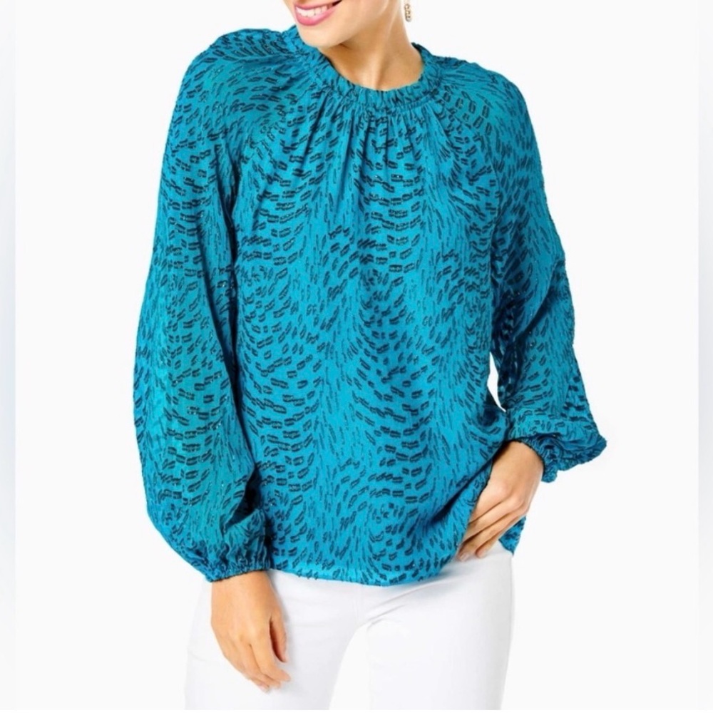 NWT Lilly Pulitzer Caline Long Sleeve Silk Top in Teal Bay Womens Small